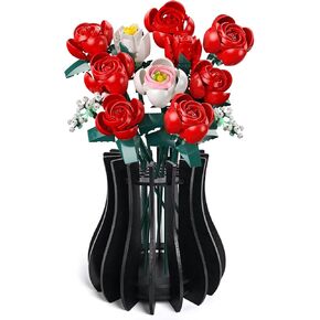 طقم مزهرية خشبية لرجال LEGO ROSES أزهار زهرة الشمس الزهور الزهرة النرجس البري لوتس لوتس مزهرية زهرة لطيفة لترتيب باقة ليغو ديكور المنزل للنساء البالغين (أسود)