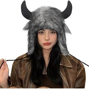Faux Fur Cowhorn Hat Novelty Animal Hat Winter Warm Trapper Cap Ear with Earflap Windproof Thermal Ski Hat