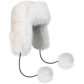 JIAHG Women Winter Warm Hat Faux Fur Trapper Cap with Pom Pom Furry Ushanka Earflap Russian Snow Hat for Skiing Cycling