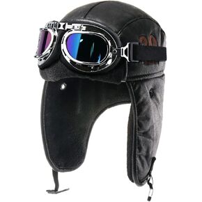 Pilot Hat and Goggles Vintage Aviator Hat for Adult Flighter Costume Cap Winter Fur Hat Ear Flaps Cold Weather