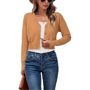 Newshows Womens 2025 Summer Cropped Cardigan Fashion Knit Bolero Shrug Long Sleeve V Neck Business Casual Sweater