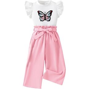Toddler Girl Clothes - Butterfly Graphic Flounce Short Sleeve & Paper Bag Waist Belted Pants - Kid T-Shirt Set