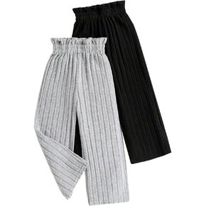Toddler Girl Pants -Solid Color Paper Bag Waist Loose Wide Leg Pants - 2 Piece Girls Pant Suit(3-7 Years)