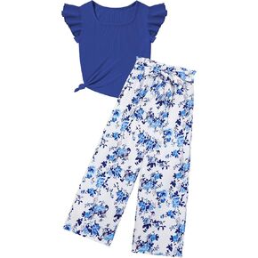 Crazyme Girls Clothes, Teen Girl Clothes Sleeveless Ruffle Trim Tank Top and High Waist Print Pants Summer Clothes 2PC 6-14