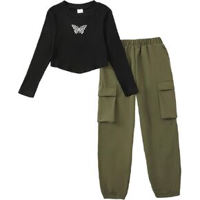 Tween Teen Girls Trendy Preppy Clothes Fall Winter Outfits Long Sleeve Crop Top Cargo Pants Clothing Set Size 7-16