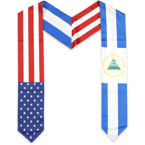 USA And Nicaragua Flag Graduation Stole, Satin Embroidery Graduation Sash for International Students, 72 Inch Length.