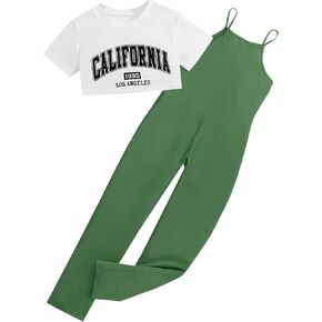 Girls' 2 Piece Outfits Graphic Short Sleeve Crop Top and Cami Jumpsuit Pants Set