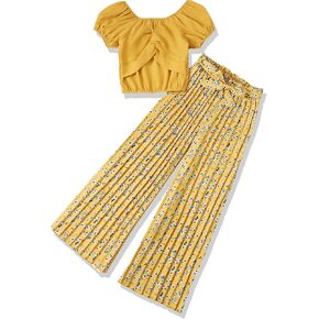 XUANHAO Toddler Girls Clothes Summer Puff Sleeve Smocked Shirt Top Wide Leg Pants Outfits Kids Girl's Clothing Set in Kuwait