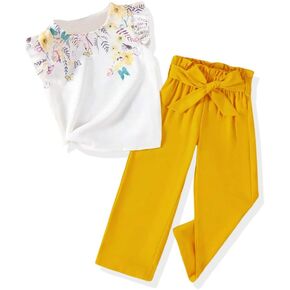 Toddler Kid Girl Clothes Casual Ruffle Sleeve Floral Printed Top Solid Pants with Belt 3PC Outfit Set