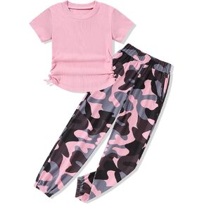 ارتداء الفتيات الفتيات من Crazyme Ruched الرباط القصير الأكمام متماسكة و Print Pants 2 قطعة ملابس الفتيات 7-14 سنة