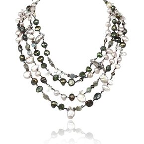 Elegant 24" Multi-Strand Freshwater Pearl Necklace with 4-5mm Multicolor Rice Pearls Silver Clasp. GIft for her - Mothers Day!