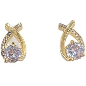 14K Gold Teardrop Crystal Stud Earrings, Crossover Design, CZ Accents