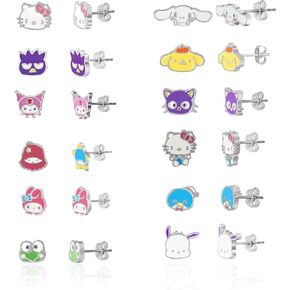 Sanrio Hello Kitty Stud Earrings Pack of 12 Pairs - Official License Hello Kitty and Friends Earrings