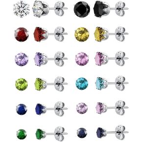 12 Pairs Silver Earrings Surgical Steel Earrings Women's Earrings Hypoallergenic Earrings Set Men's Earrings 12 Colors CubicZirconia Studs Earrings