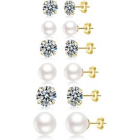 Senteria 925 Sterling Silver Pearl Earrings Studs Set Hypoallergenic Small Stud Earrings Lightweight Shiny Earrings Studs for Women 6 Pairs 3-10MM