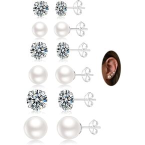 Senteria 925 Sterling Silver Pearl Earrings Studs Set Hypoallergenic Small Stud Earrings Lightweight Shiny Earrings Studs for Women 6 Pairs 3-10MM in Kuwait