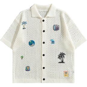 Men's Graphic Button Down Shirt Hollow Out Short Sleeve Vacation Knitted Tops