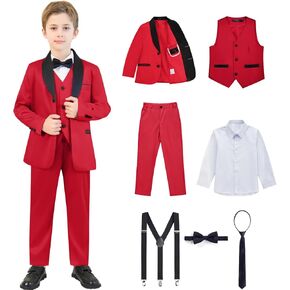 Boy Suits 7 Piece Set Slim Fit Formal Tuxedo Suit with Tuxedo Jacket Vest Pants for Kids Wedding Ring Bearer Party