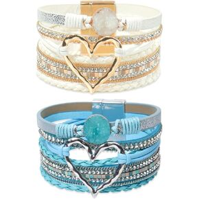 2Pcs Boho Bracelets Woven Leather Multi-Layer Wrap Bracelet Gold Love Heart Shape Inlaid Rhinestone Stackable Fashion Women Bracelet Jewelry