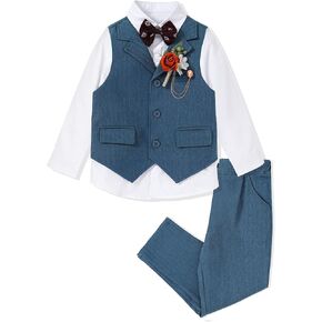DISAUR Boys' 4-Piece Formal Suit Set Vest Pants Collared Dress Shirt and Tie for Wedding Outfit Dresswear