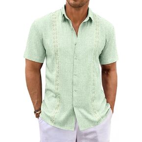 Runcati Mens Guayabera Shirts Button Down Cuban Casual Short Sleeve Shirt Summer Linen Beach Mexican Wedding Tops