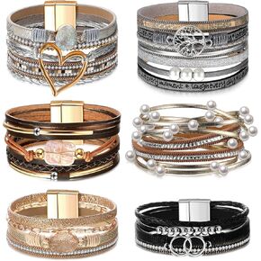 Yinkin 6 PCS Boho Pu Leather Writ Bracelets for Women Stack Stack Multi Layer Bohemian Cuff Bracelet