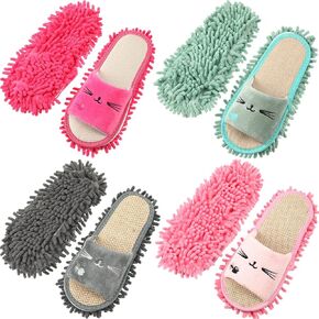 Wesiti 4 أزواج قابلة للغسل ممسحة النعال الدقيقة Microfiber Funny Mop Floor Cleanting Slippers for Women Home Floor (Rose Red ، Pink ، Grey ، Green)