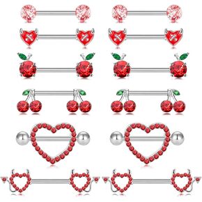 14G Nipple Rings for Women 316L Stainless Steel Heart,Butterfly,Moon,Devil,Flower Nipple Barbell CZ Nipple Rings Set Nipplerings Piercing Jewelry