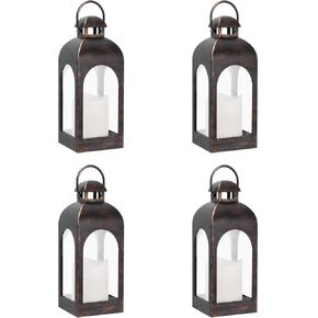 Decor Modern Farmhouse Lantern Decor Set of 4, Black Metal Candle Lanterns, Wooden Lanterns Decorative w/Timer & Remote-Controlled Flickering Candles for Home, Indoor, Table, Fireplace Mantle Décor