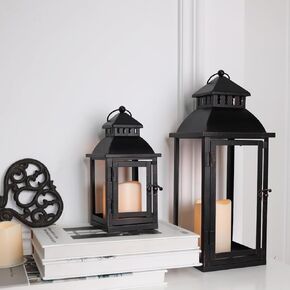 DECORKEY LED Lantern Decorative Outdoor&Indoor, Set of 2 (17’’&13’’) Black Metal Lanterns Decor, Vintage Hanging Candle Holder for Home Porch Wedding Halloween Christmas Decorations Battery Powered