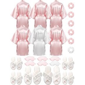Bonuci 24 PCS العروس العروسة رداء مجموعات النعال لزفاف الزفاف حفلات حفلات الزفاف مع الجلباب Slippers Eye Mask scrunchies
