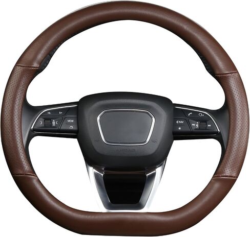 Cxtiy D Shaped Steering Wheel Cover, Genuine Leather Flat Bottom Stearing Wheel Cover Luxury Car Accessories 14.5-15 Inch (Black) in Saudi Arabia