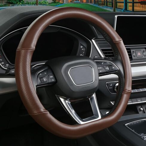 Cxtiy D Shaped Steering Wheel Cover, Genuine Leather Flat Bottom Stearing Wheel Cover Luxury Car Accessories 14.5-15 Inch (Black) in Saudi Arabia