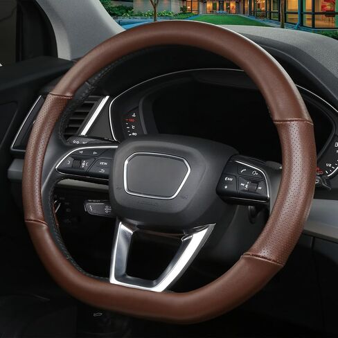 Cxtiy D Shaped Steering Wheel Cover, Genuine Leather Flat Bottom Stearing Wheel Cover Luxury Car Accessories 14.5-15 Inch (Black) in Saudi Arabia
