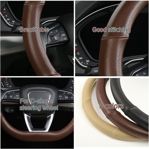Cxtiy D Shaped Steering Wheel Cover, Genuine Leather Flat Bottom Stearing Wheel Cover Luxury Car Accessories 14.5-15 Inch (Black) in Saudi Arabia