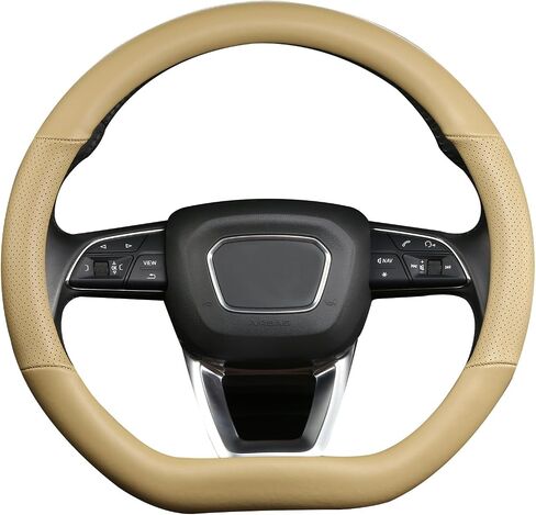 Cxtiy D Shaped Steering Wheel Cover, Genuine Leather Flat Bottom Stearing Wheel Cover Luxury Car Accessories 14.5-15 Inch (Black) in Saudi Arabia