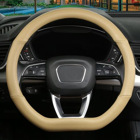 Cxtiy D Shaped Steering Wheel Cover, Genuine Leather Flat Bottom Stearing Wheel Cover Luxury Car Accessories 14.5-15 Inch (Black) in Saudi Arabia