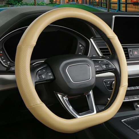 Cxtiy D Shaped Steering Wheel Cover, Genuine Leather Flat Bottom Stearing Wheel Cover Luxury Car Accessories 14.5-15 Inch (Black) in Saudi Arabia