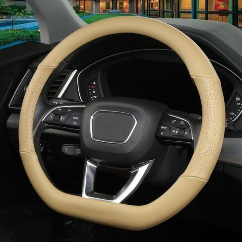 Cxtiy D Shaped Steering Wheel Cover, Genuine Leather Flat Bottom Stearing Wheel Cover Luxury Car Accessories 14.5-15 Inch (Black) in Saudi Arabia