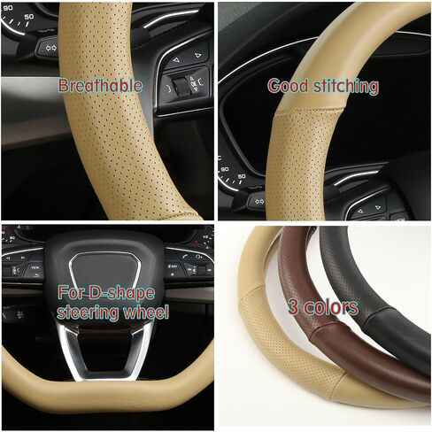 Cxtiy D Shaped Steering Wheel Cover, Genuine Leather Flat Bottom Stearing Wheel Cover Luxury Car Accessories 14.5-15 Inch (Black) in Saudi Arabia