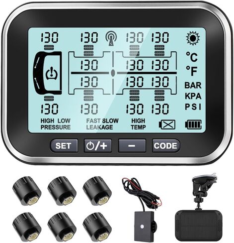 Taimster TPMS لـ RV/الحافلات/الكارفان/المنزل المتنقل/المقطورة/السفر/الشاحنات، نظام مراقبة ضغط الإطارات بالطاقة الشمسية اللاسلكي مع أجهزة استشعار غطاء سهلة التركيب DIY نطاق الضغط 0 ~ 188 رطل لكل بوصة مربعة (0 ~ 13 بار) 8 أجهزة استشعار in Kuwait