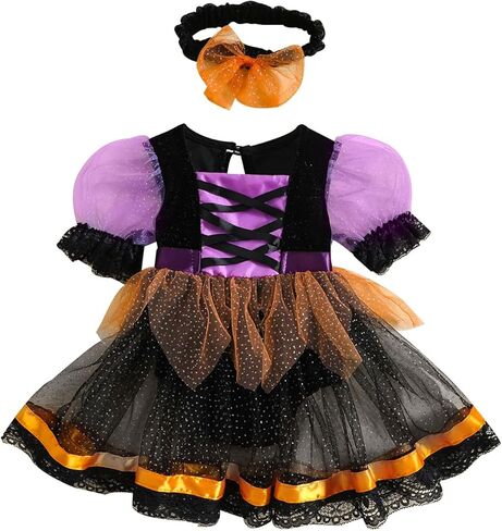 Baby Girl Halloween Witch Clothes Puff Short Sleeve Mesh Tulle Romper Dress Spider Lace Tutu Dress Party Outfit in Kuwait
