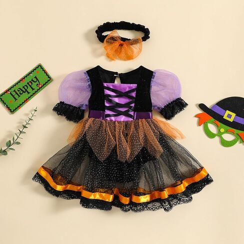Baby Girl Halloween Witch Clothes Puff Short Sleeve Mesh Tulle Romper Dress Spider Lace Tutu Dress Party Outfit in Kuwait