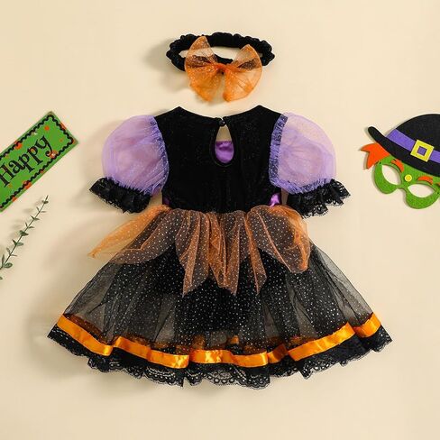 Baby Girl Halloween Witch Clothes Puff Short Sleeve Mesh Tulle Romper Dress Spider Lace Tutu Dress Party Outfit in Kuwait