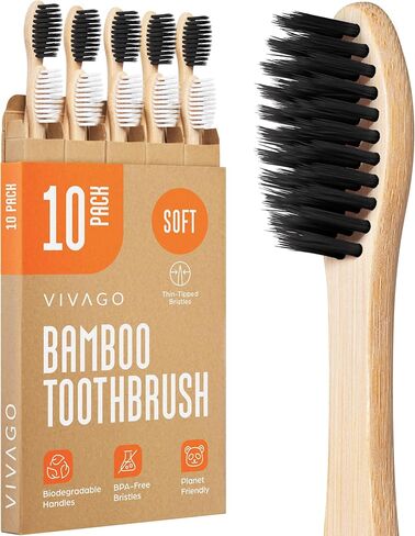 Bamboo Toothbrushes 10 Pack - BPA Free Soft Bristles Toothbrushes for Adults, Eco-Friendly, Biodegradable & Compostable Natural Wooden Toothbrush in Saudi Arabia