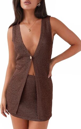 Tankaneo Womens 2 Piece Vacation Sets Sleeveless V Neck Long Vest Knit Top and Mini Skirt Summer Beach Outfits in Saudi Arabia