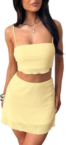 Summer Two Piece Outfits for Women Vacation Going Out Plisse Crop Tops High Waisted Bodycon Mini Skirt Sets in Saudi Arabia