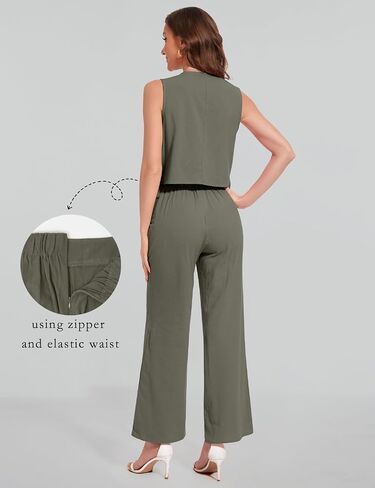 ROYLAMP Women's Summer 2 Piece Outfits Button Down V Neck Sleeveless Top High Waisted Wide Leg Pants Matching Set in Saudi Arabia