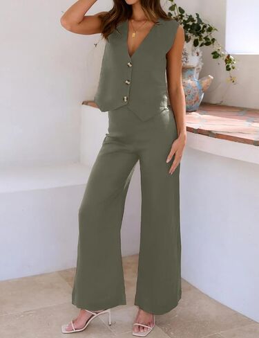 ROYLAMP Women's Summer 2 Piece Outfits Button Down V Neck Sleeveless Top High Waisted Wide Leg Pants Matching Set in Saudi Arabia