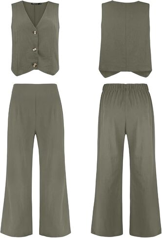 ROYLAMP Women's Summer 2 Piece Outfits Button Down V Neck Sleeveless Top High Waisted Wide Leg Pants Matching Set in Saudi Arabia